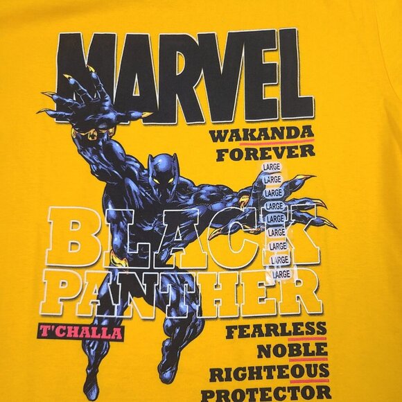 MARVEL Black‎ Panther Wakanda Forever T'Challa Yellow RARE Mad Engine T-Shirt L - Picture 4 of 6